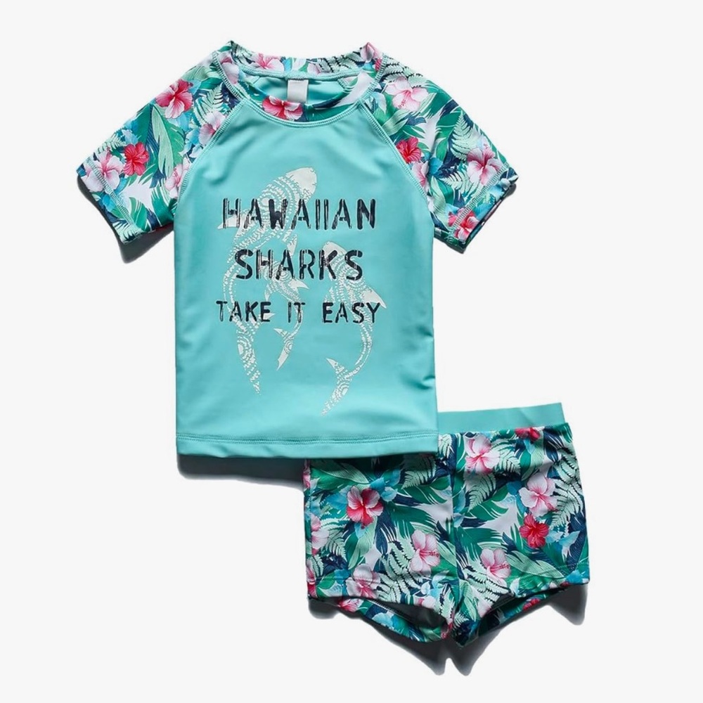 Kids Hawaiian Sharks Swim Coverup Set - Blue and Green